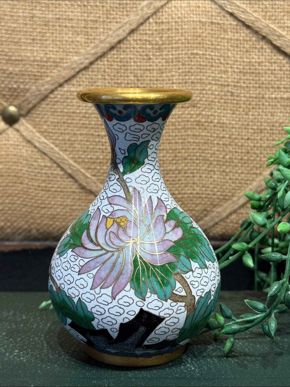 Decorative White Cloisonné Floral Vase with Green Accents